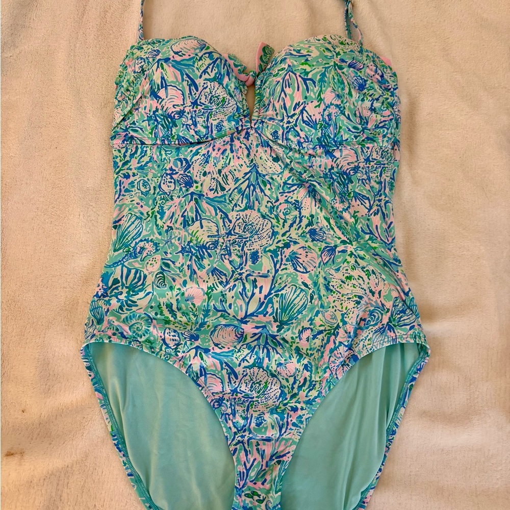 Lilly Pulitzer Blue and Green One Piece Swimsuit Sweetheart Neckline